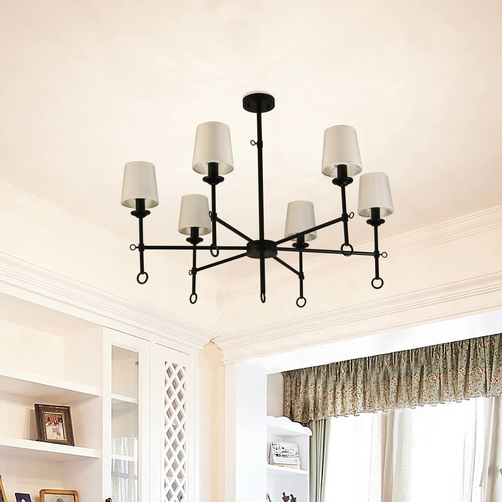 Angya 6-Shade Chandelier Light | Bamboo Lampshades and Matte Black Steel Supports | Fixed 19â€?Center Rod | Dining Room, Foyer, Entryway Décor