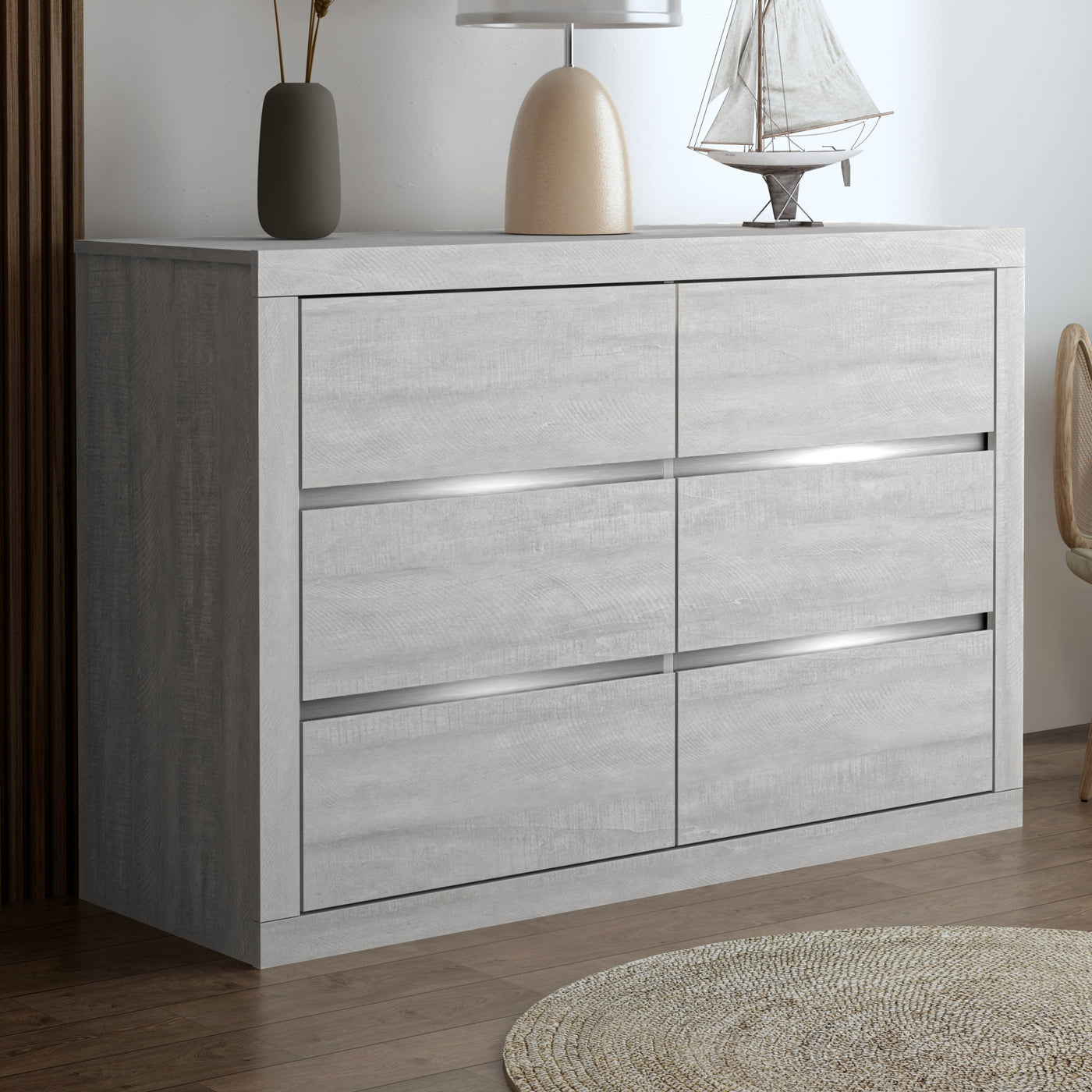 Carlino 6-Drawer Dusty Grey Oak Dresser (31.7 in. x 46.5 in. x 16.3 in.)