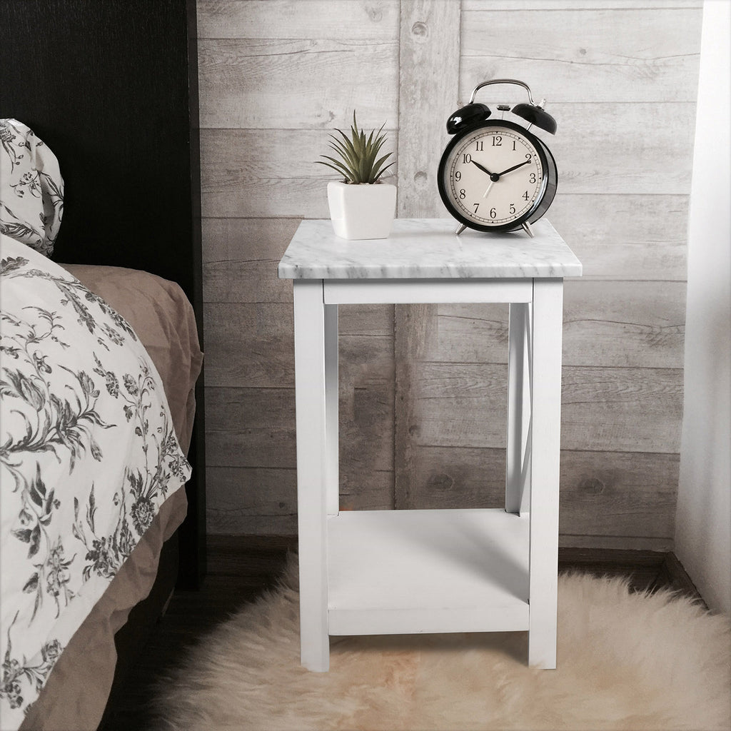Agatha 15" Square Italian Carrara White Marble Side Table with solid wood Legs