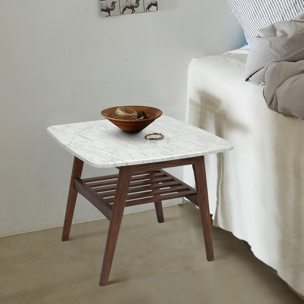 Cassoro 24" Square Italian Carrara White Marble Side Table with Shelf